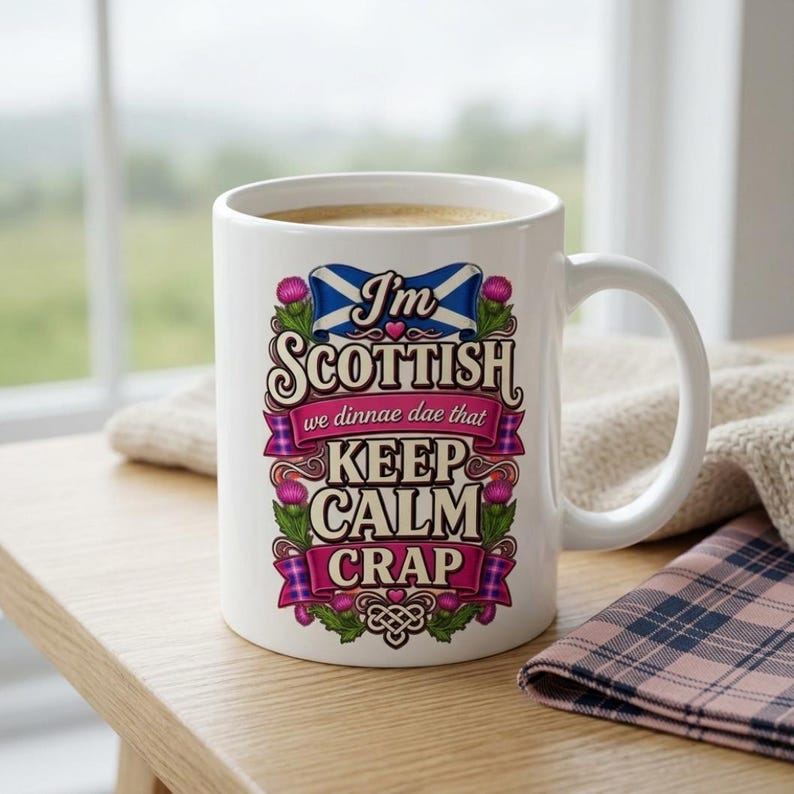 The "I'm Scottish, We Dinnae Dae That Keep Calm Crap" funny Scottish mug by SarcasmArt filled with coffee on a windowsill with tartan fabric.