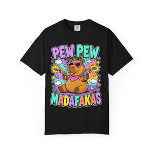 Black "Pew Pew Madafakas" capybara meme T-shirt by SarcasmArt on a white background.