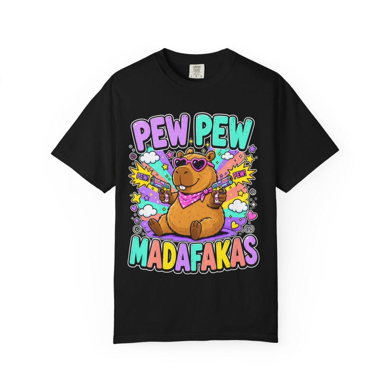 Black "Pew Pew Madafakas" capybara meme T-shirt by SarcasmArt on a white background.