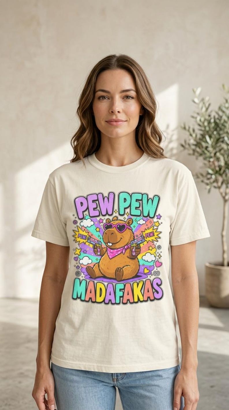 Woman in jeans wearing the "Pew Pew Madafakas" capybara meme T-shirt by SarcasmArt in Ivory.