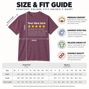 Size and fit guide for the personalized golden 5-star review T-shirt by SarcasmArt (Comfort Colors 1717 unisex): premium comfort, garment-dyed feel, relaxed unisex fit, durable quality, with imperial and metric size table.