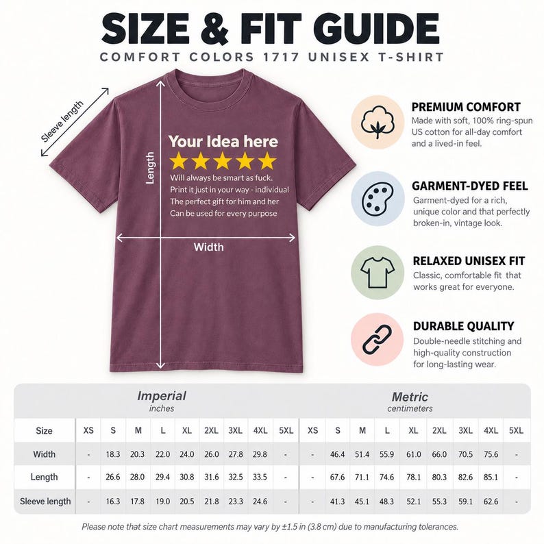 Size and fit guide for the personalized golden 5-star review T-shirt by SarcasmArt (Comfort Colors 1717 unisex): premium comfort, garment-dyed feel, relaxed unisex fit, durable quality, with imperial and metric size table.