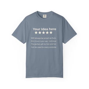 Blue Jean personalized 5-star review T-shirt by SarcasmArt template with Your idea here, five stars and custom text lines.