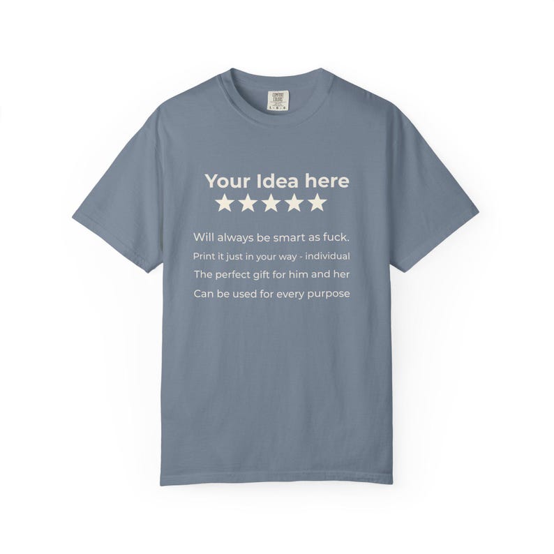 Blue Jean personalized 5-star review T-shirt by SarcasmArt template with Your idea here, five stars and custom text lines.