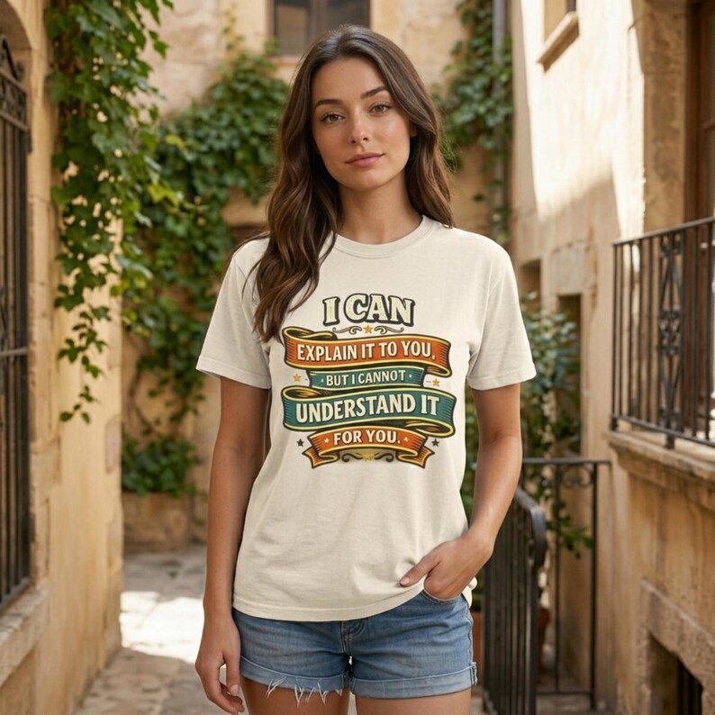 Woman on a sunny balcony wearing the "I Can Explain It to You, But I Can't Understand It for You" sarcastic teacher T-shirt by SarcasmArt in Ivory – a funny teacher shirt.