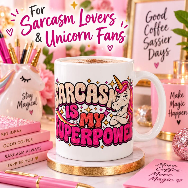 For sarcasm lovers and unicorn fans: the "Sarcasm Is My Superpower" unicorn coffee mug by SarcasmArt on a pink, girly desk with notebooks and pens.