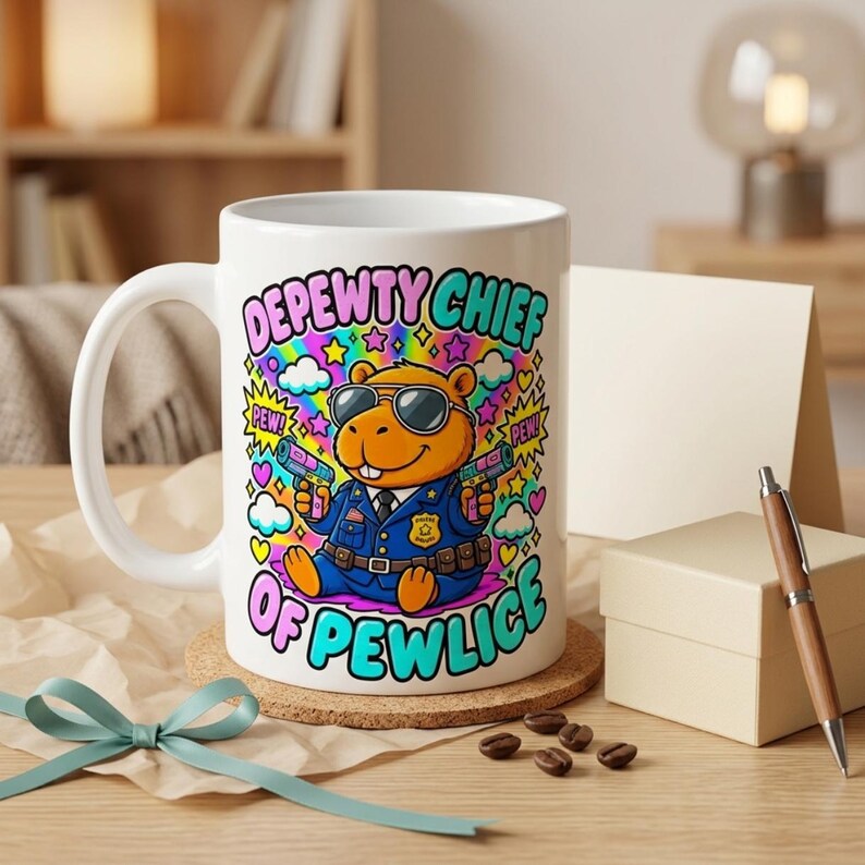 The "Depewty Chief of Pewlice" capybara coffee mug by SarcasmArt with a gift box, ribbon and coffee beans – a funny Secret Santa gift for coworkers.
