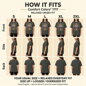 How the "I Miss the Middle Finger Emoji in Work Chat" sarcastic office T-shirt by SarcasmArt fits: front, side and back views in sizes S to 2XL – usual size for a relaxed everyday fit, size up for oversized.