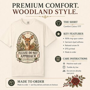 Product overview of the Ivory "Please Do Not Approach" vintage fawn introvert T-shirt by SarcasmArt: Comfort Colors 1717, 100% ring-spun cotton, garment-dyed, relaxed fit, DTG print, care instructions and made to order.