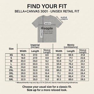 Find your fit: size chart for the "People – 1 Star, Would Uninstall If Possible" funny review T-shirt by SarcasmArt (Bella+Canvas 3001) with width, length and sleeve in inches and centimeters for sizes XS to 4XL – choose your usual size, size up for a relaxed look.