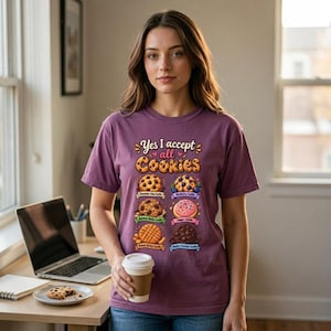 Könnte beinhalten: Ein violettes T-Shirt mit dem Text "Yes I accept all Cookies" über sechs illustrierten Keks-Sorten, darunter Schokoladenstückchen, Blaubeere, Haferflocken-Rosinen, Zucker, Erdnussbutter und Doppelschokolade, jeweils mit eigener Beschriftung.