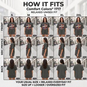 How the "#MEGA Make Europe Great Again" France T-shirt by SarcasmArt fits: front, side and back views in sizes S to 2XL – your usual size for a relaxed everyday fit, size up for oversized.