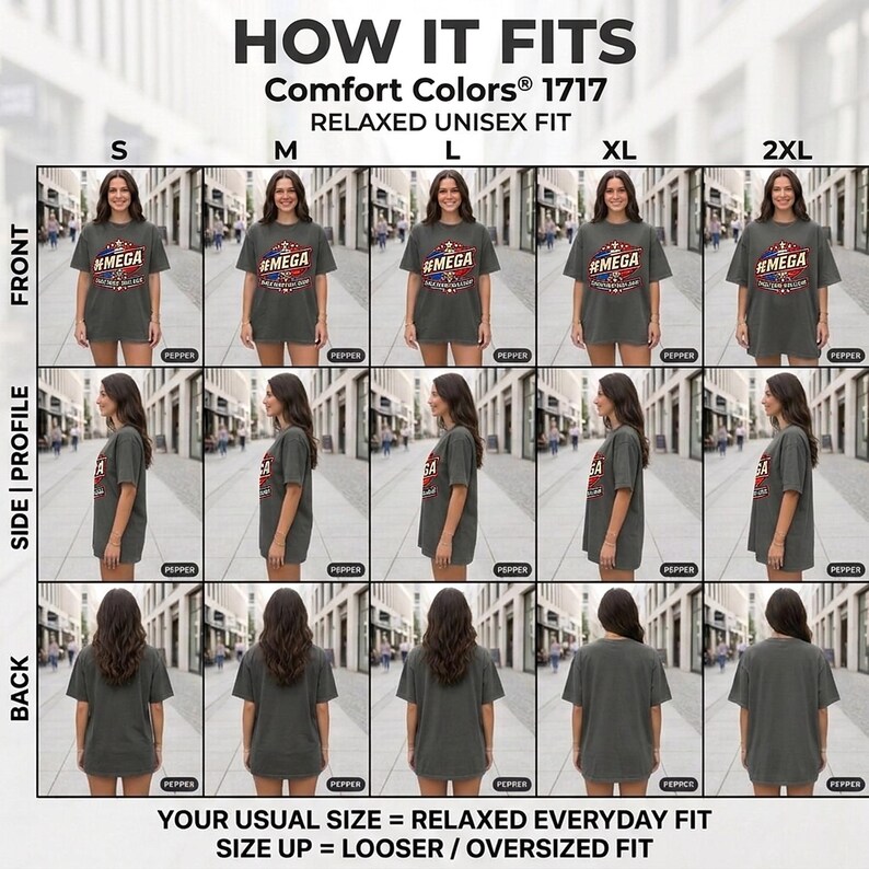How the "#MEGA Make Europe Great Again" France T-shirt by SarcasmArt fits: front, side and back views in sizes S to 2XL – your usual size for a relaxed everyday fit, size up for oversized.