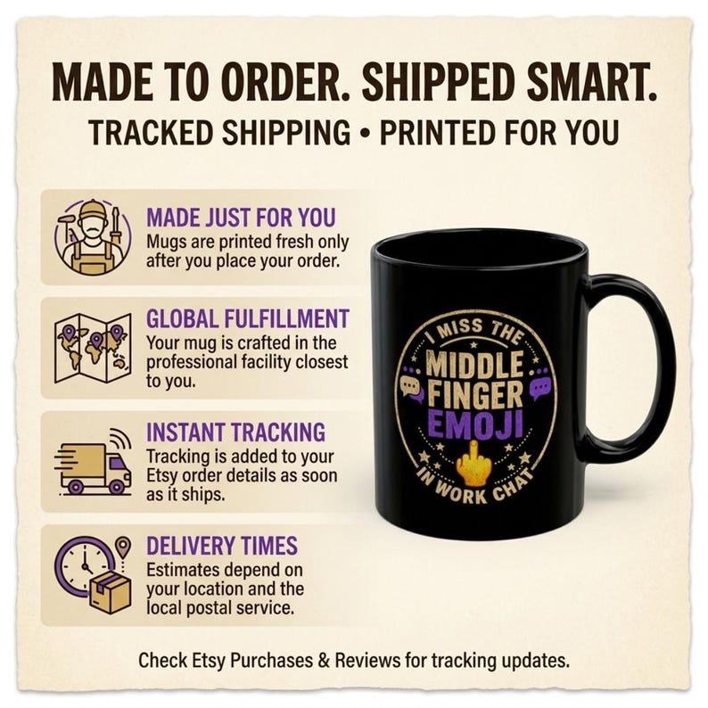 Made to order, shipped smart: the "I Miss the Middle Finger Emoji in Work Chat" black office coffee mug by SarcasmArt is printed just for you, fulfilled by a professional facility near you, with tracking added to your Etsy order.