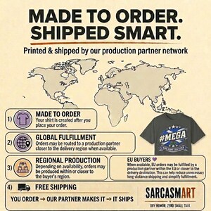 Made to order, shipped smart: the "#MEGA Make Europe Great Again" Scotland T-shirt by SarcasmArt is printed and shipped by our production partner network with regional production, global fulfillment and free shipping.