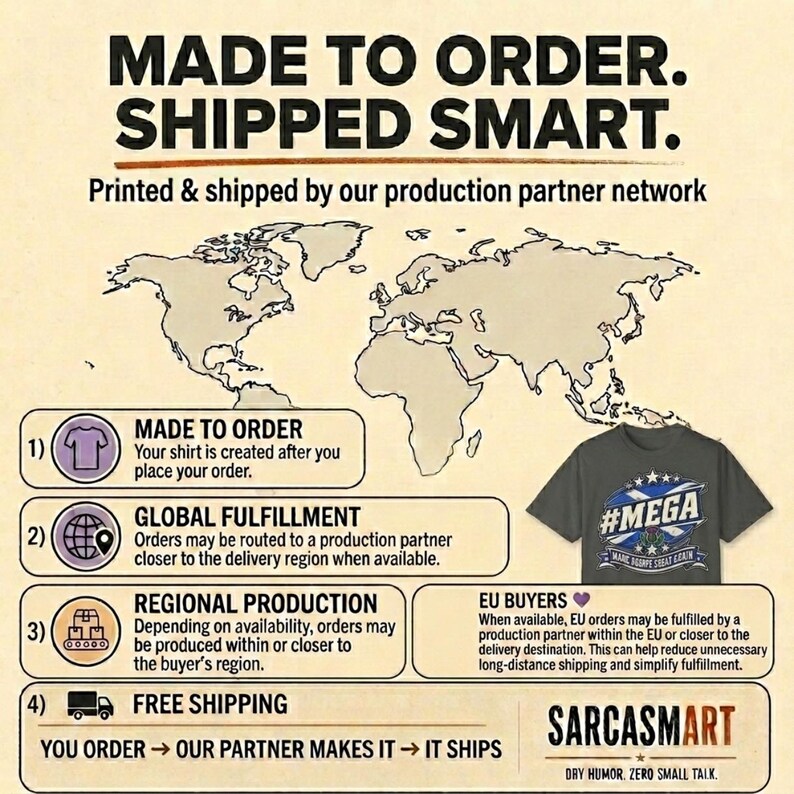 Made to order, shipped smart: the "#MEGA Make Europe Great Again" Scotland T-shirt by SarcasmArt is printed and shipped by our production partner network with regional production, global fulfillment and free shipping.