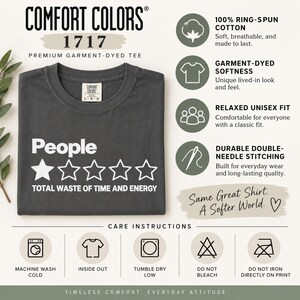 Comfort Colors 1717 features of the "People – 1 Star, Total Waste of Time and Energy" sarcastic review T-shirt by SarcasmArt: 100% ring-spun cotton, garment-dyed softness, relaxed unisex fit, durable double-needle stitching and care instructions.