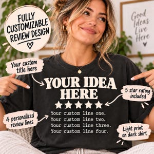 Fully customizable personalized 5-star review T-shirt by SarcasmArt: Pepper tee with a custom title, a five-star rating and four lines of your own review text in white typewriter-style lettering – your custom title, 5-star rating included, light print on a dark Comfort Colors 1717 shirt.