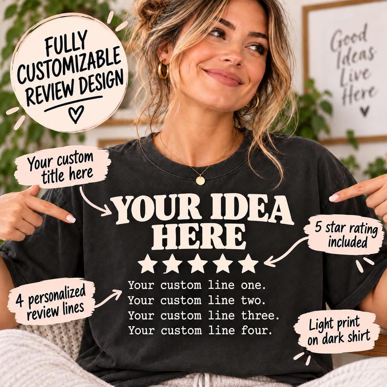 Fully customizable personalized 5-star review T-shirt by SarcasmArt: Pepper tee with a custom title, a five-star rating and four lines of your own review text in white typewriter-style lettering – your custom title, 5-star rating included, light print on a dark Comfort Colors 1717 shirt.
