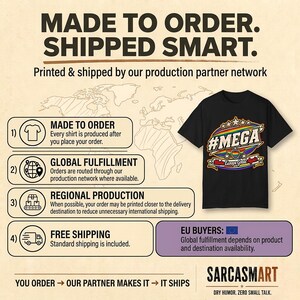 Made to order, shipped smart: the "#MEGA Make Europe Great Again" Rainbow Pride T-shirt by SarcasmArt is printed and shipped by our production partner network with regional production, global fulfillment and free shipping.