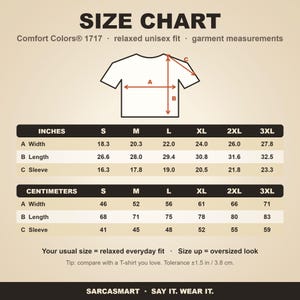 Size chart for the "I Can Explain It to You, But I Can't Understand It for You" sarcastic teacher T-shirt by SarcasmArt (Comfort Colors 1717): relaxed unisex fit, garment-dyed measurements in inches and centimeters for sizes S to 3XL.