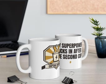 Caffeine Superpower Mug, Funny Coffee Lover Gift, Retro Superhero Coffee Mug 11oz 15oz, Sarcastic Office Mug for Coworker, Comic Badge Cup