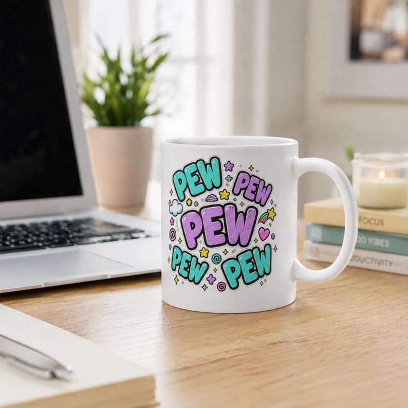 The "Pew Pew Madafakas" capybara coffee mug by SarcasmArt on a home office desk next to a laptop.