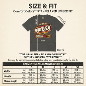 Size and fit chart for the "#MEGA Make Europe Great Again" Germany T-shirt by SarcasmArt (Comfort Colors 1717): width, length and sleeve in inches and centimeters for sizes S to 4XL.