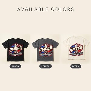 Available colors of the "#MEGA Make Europe Great Again" France T-shirt by SarcasmArt: Black, Pepper and Ivory, all with the same #MEGA badge print.