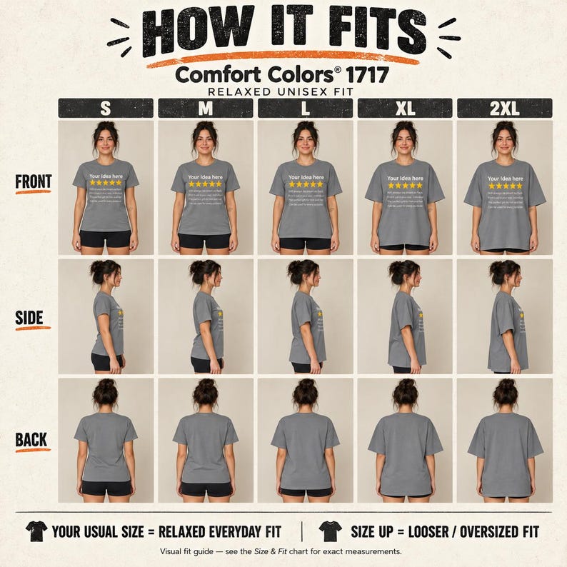 How the personalized golden 5-star review T-shirt by SarcasmArt fits: front, side and back views in sizes S to 2XL – usual size for a relaxed everyday fit, size up for oversized.