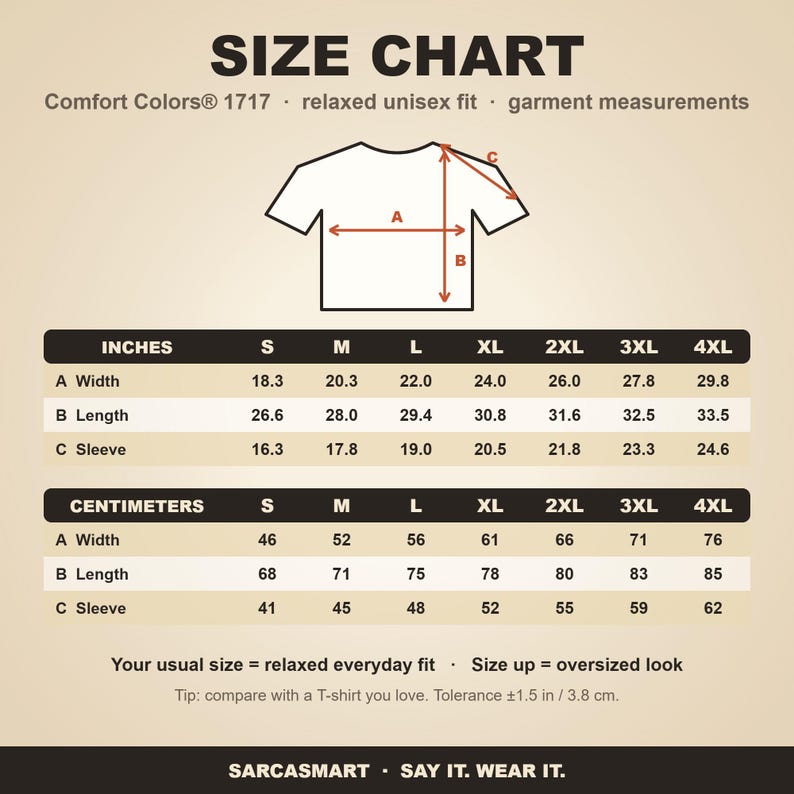 Size chart for the "Pew Pew Madafakas" raccoon meme T-shirt by SarcasmArt (Comfort Colors 1717): relaxed unisex fit, garment measurements in inches and centimeters for sizes S to 4XL.
