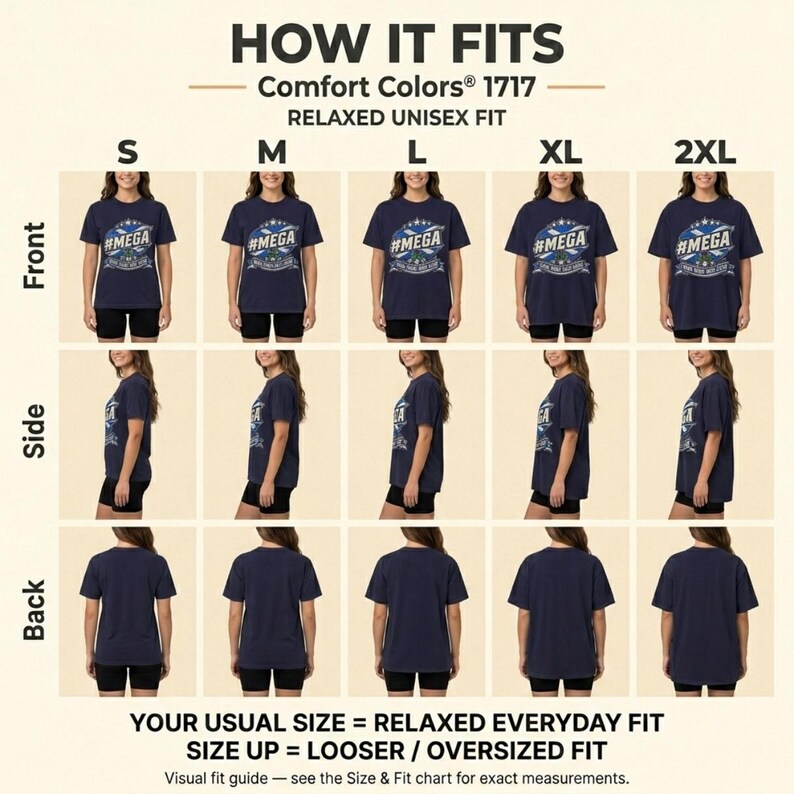 How the "#MEGA Make Europe Great Again" Scotland T-shirt by SarcasmArt fits: front, side and back views in sizes S to 2XL – your usual size for a relaxed everyday fit, size up for oversized.