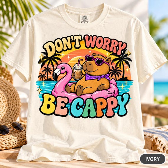 Don’t Worry Be Cappy Capybara Shirt by SarcasmArt – A relaxed capybara on a pink flamingo float in a retro beach design.