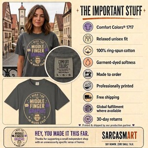 The important stuff about the "I Miss the Middle Finger Emoji in Work Chat" sarcastic office T-shirt by SarcasmArt: Comfort Colors 1717, relaxed unisex fit, 100% ring-spun cotton, garment-dyed softness, made to order, free shipping and 30-day returns.