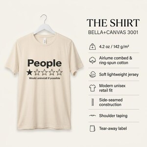 The shirt behind the "People – 1 Star, Would Uninstall If Possible" funny review T-shirt by SarcasmArt: Bella+Canvas 3001, 4.2 oz Airlume combed ring-spun cotton, soft lightweight jersey, modern unisex retail fit, side-seamed with shoulder taping and tear-away label.