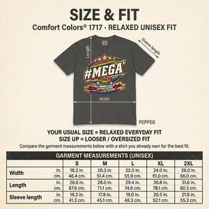 Size and fit chart for the "#MEGA Make Europe Great Again" Rainbow Pride T-shirt by SarcasmArt (Comfort Colors 1717): width, length and sleeve in inches and centimeters for sizes S to 4XL.