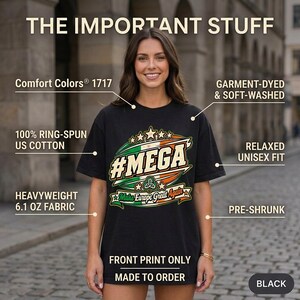 The important stuff about the "#MEGA Make Europe Great Again" Ireland T-shirt by SarcasmArt: Comfort Colors 1717, relaxed unisex fit, 100% ring-spun cotton, garment-dyed, sizes S–4XL, made to order, free shipping and 30-day returns.