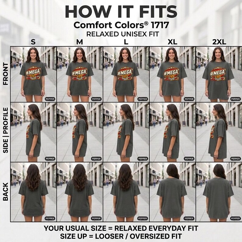 How the "#MEGA Make Europe Great Again" Spain T-shirt by SarcasmArt fits: front, side and back views in sizes S to 2XL – your usual size for a relaxed everyday fit, size up for oversized.