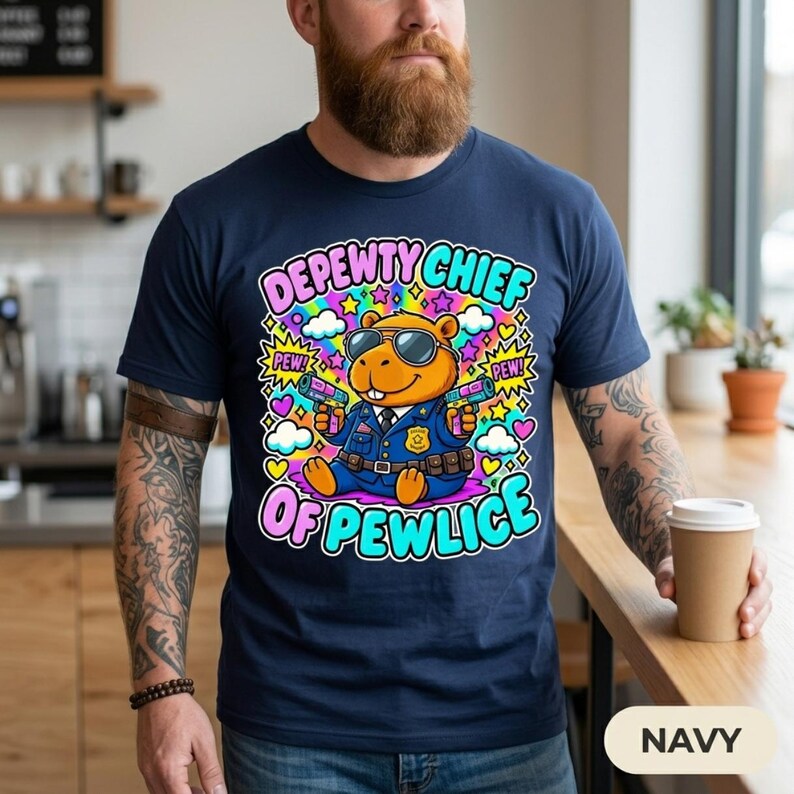 Bearded man with a coffee in a kitchen wearing the "Depewty Chief of Pewlice" capybara meme T-shirt by SarcasmArt in Navy – a funny capybara gift.