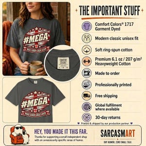 The important stuff about the "#MEGA Make Europe Great Again" England T-shirt by SarcasmArt: Comfort Colors 1717, relaxed unisex fit, 100% ring-spun cotton, garment-dyed, sizes S–4XL, made to order, free shipping and 30-day returns.