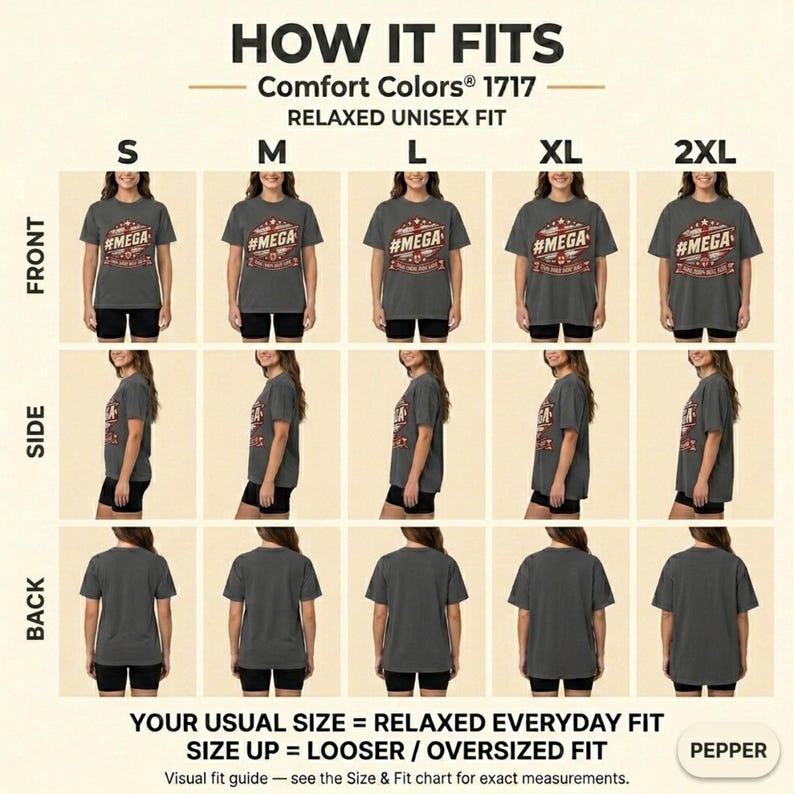 How the "#MEGA Make Europe Great Again" England T-shirt by SarcasmArt fits: front, side and back views in sizes S to 2XL – your usual size for a relaxed everyday fit, size up for oversized.