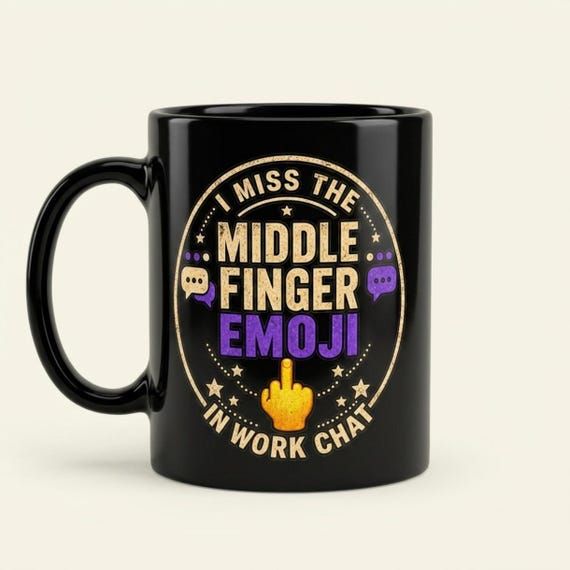 Work Chat Emoji Office Mug by SarcasmArt – The missing work-chat emoji, printed on a black mug for the office desk.