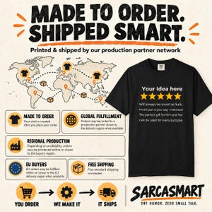 Made to order, shipped smart: the personalized golden 5-star review T-shirt by SarcasmArt is printed and shipped by our production partner network with regional production, global fulfillment and free shipping.