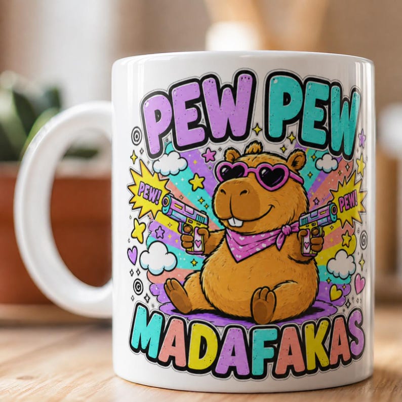 "Pew Pew Madafakas" capybara coffee mug by SarcasmArt: white 11 oz glossy ceramic mug with a cool capybara in sunglasses with laser guns and colorful PEW PEW MADAFAKAS lettering in teal, pink and yellow.