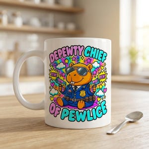 "Depewty Chief of Pewlice" capybara coffee mug by SarcasmArt: white 11 oz glossy ceramic mug with a capybara police officer in sunglasses and a blue uniform with colorful comic bursts and DEPEWTY CHIEF OF PEWLICE lettering, on a kitchen counter.