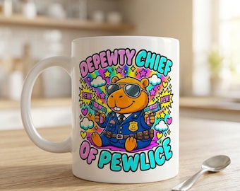 Può includere: Una tazza in ceramica bianca con un capibara dei cartoni animati vestito da poliziotto, con occhiali da sole e due pistole giocattolo. Il testo recita DEPEWTY CHIEF OF PEWLICE con stelle, nuvole e cuori colorati sullo sfondo.