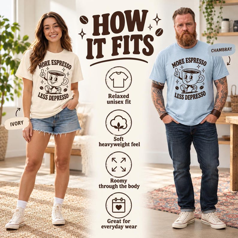 How the "More Espresso, Less Depresso" retro coffee T-shirt by SarcasmArt fits: a woman in Ivory and a man in Chambray show the relaxed unisex fit, soft heavyweight feel and everyday comfort.