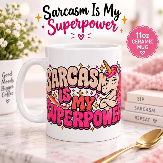 Sarcasm Is My Superpower Unicorn Mug by SarcasmArt – A retro rainbow unicorn that admits its real superpower.