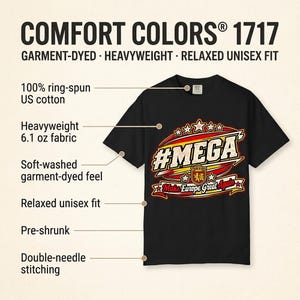 Comfort Colors 1717 fabric features of the "#MEGA Make Europe Great Again" Spain T-shirt by SarcasmArt: heavyweight 100% ring-spun cotton, garment-dyed softness and a relaxed vintage look.
