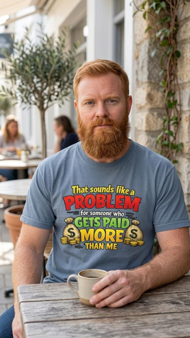 Bearded man at a café table wearing the "That Sounds Like a Problem for Someone Who Gets Paid More Than Me" sarcastic coworker T-shirt by SarcasmArt in Blue Jean.